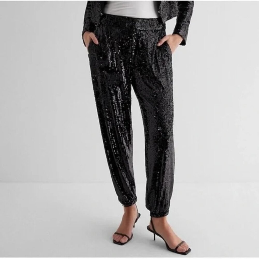 Express Black High Waisted Sequin Joggers - NWT